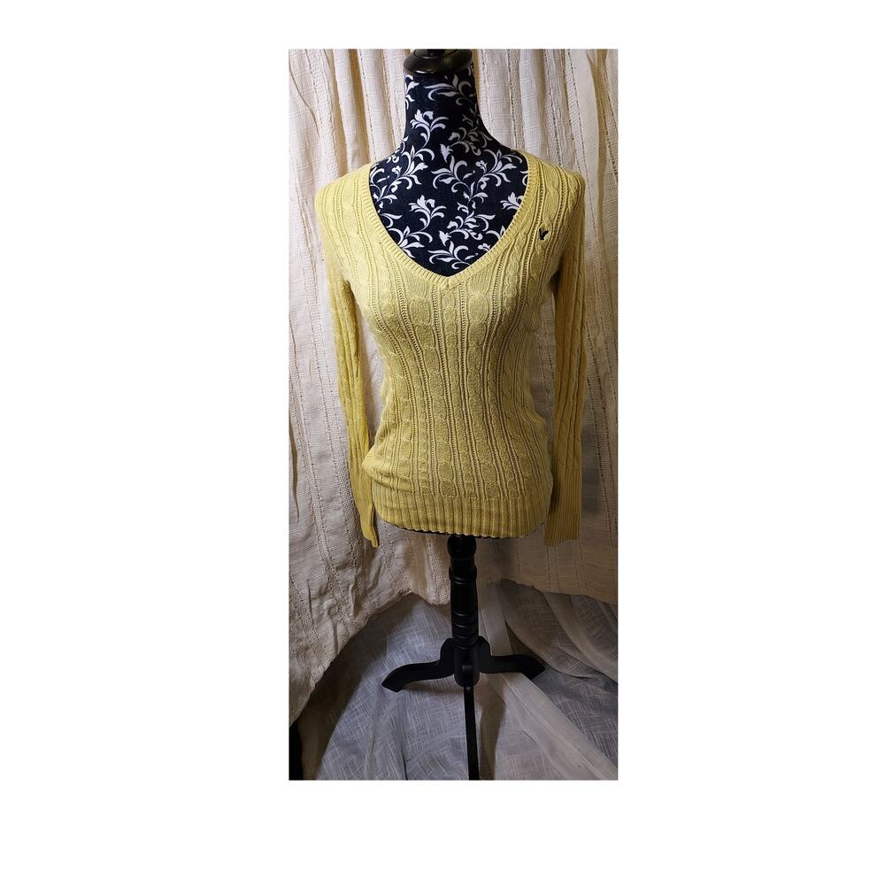 VTG Yellow Y2K American Eagle V-Neck Cable Knit Sweater AEO Bella Swan Size S